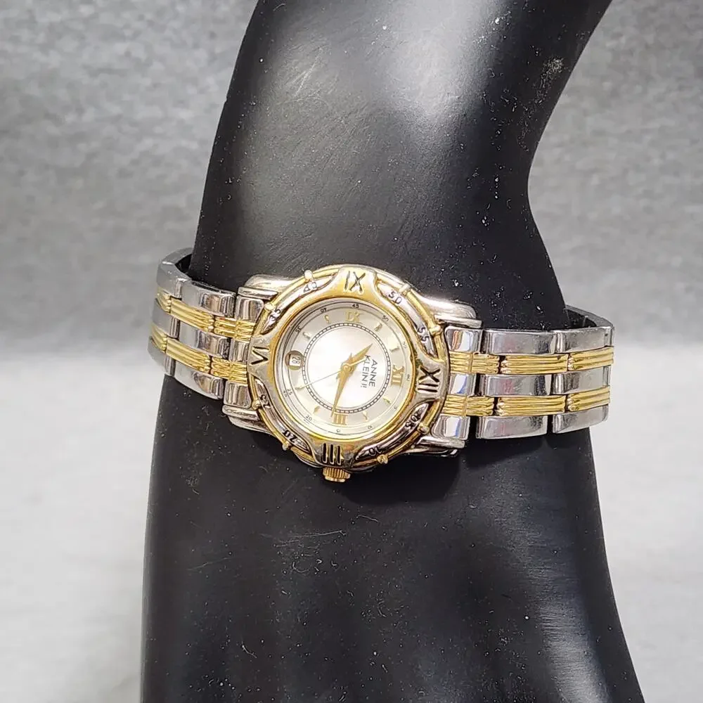 Anne Klein II Women's Quartz Date Watch Mother Of Pearl Gold-Silver Tone 1980's